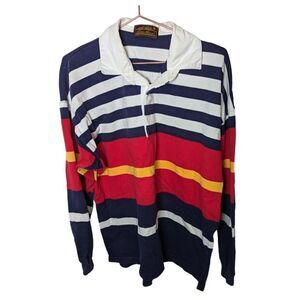 Vintage Eddie Bauer Rugby Shirt Blue Red Striped Polo Long Sleeve Collar Mens XL